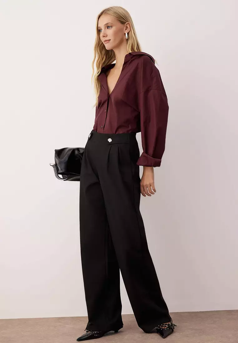 Black Diagonal Pleated Buttoned Wide Leg Knitted Trousers
