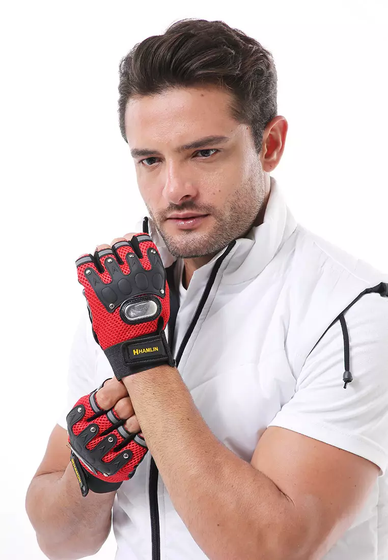 Osbert Sarung Tangan Motor Pria Gloves Biker Half Finger Material Leather ORIGINAL - Red