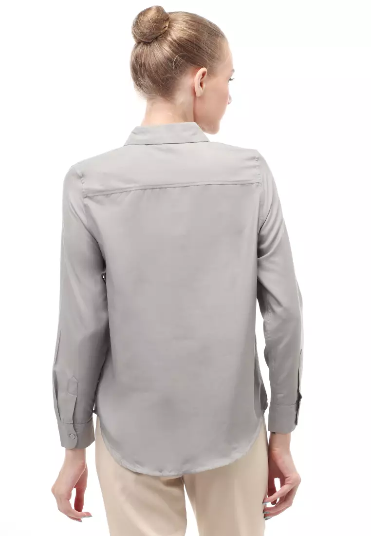 Kemeja Long Sleeves Atasan Wanita Motif Solid Shirt - Grey