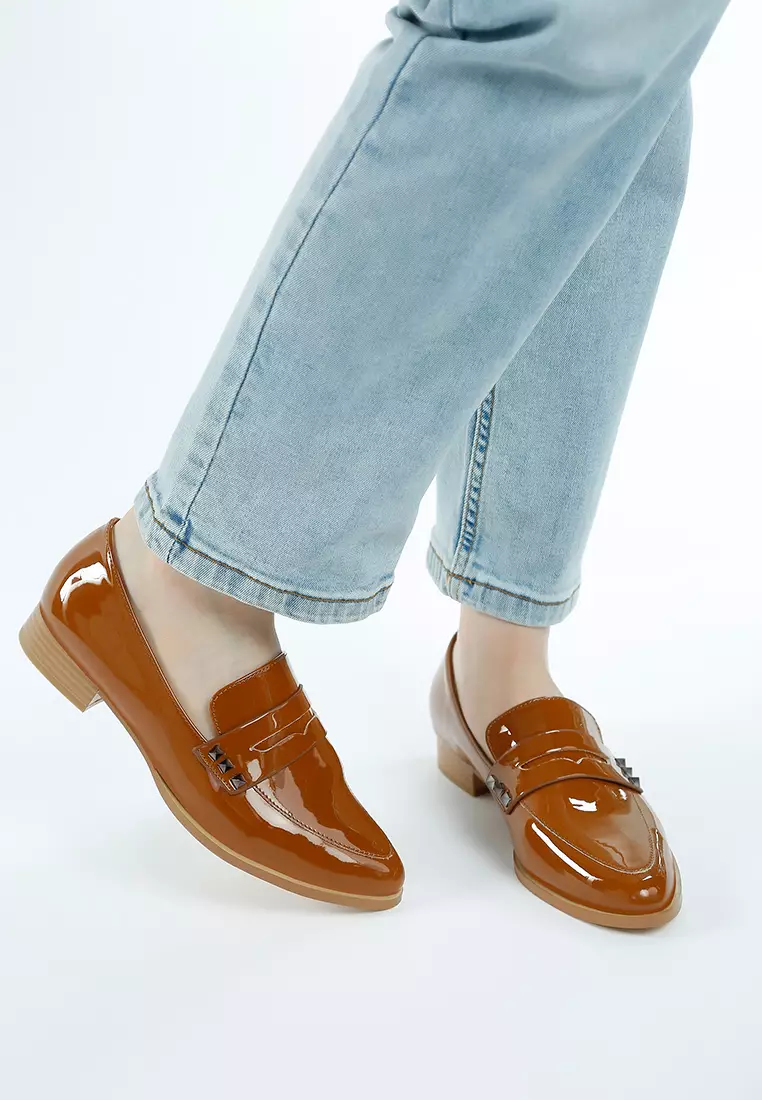Patent Pleather Penny Loafers in Tan