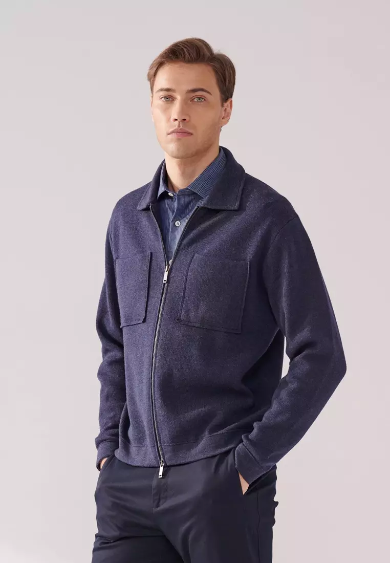 Navy Double-Pocket Full-Zip Cardigan