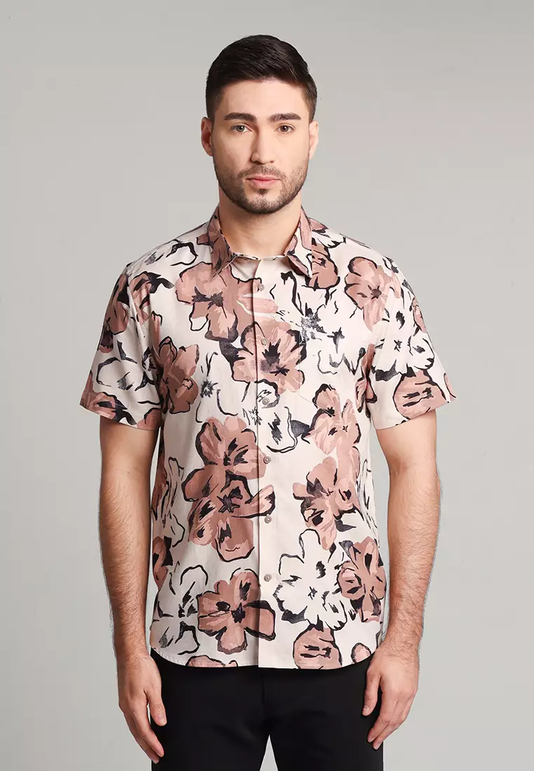MOC - Kemeja Motif Lengan Pendek Pria Coriander - Brown