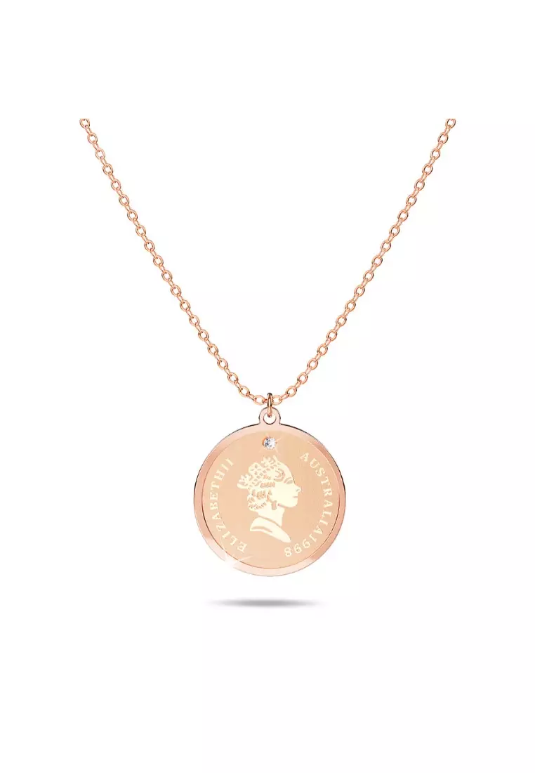 PASSION JEWELLERY Genuine Single Diamond Set Queen E Medallion Necklace Rose Gold Titanium