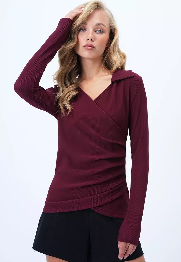 Shirt Collar Double Breasted Cut Drape Detailed Blouse