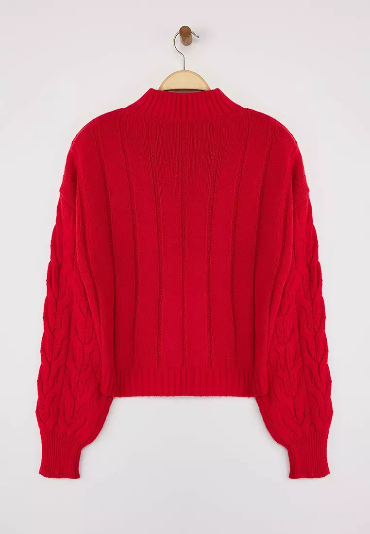 Red Crop Stand Collar Knitwear Sweater