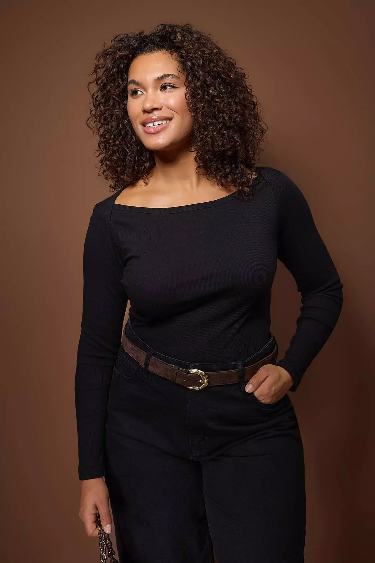 Black Boat Neck Fitted Ribbed Knit Knitted Plus Size Blouse Tbbaw26Af00093