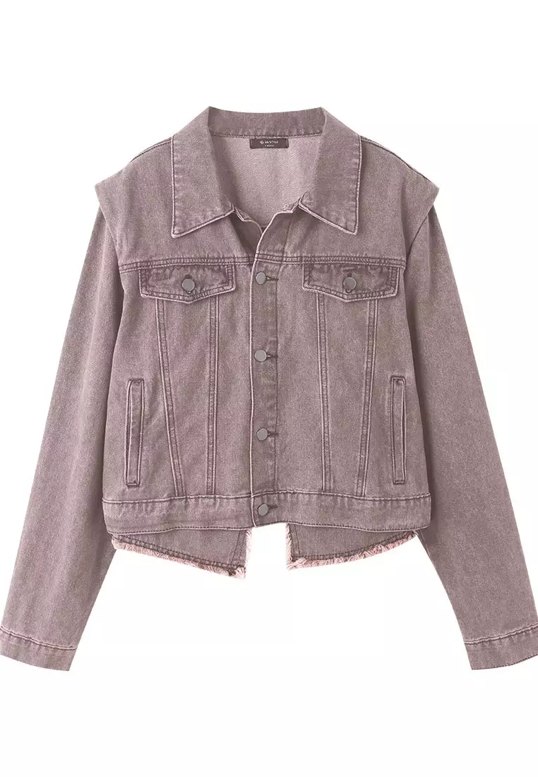 Washed Cropped Denim Jacket with Raw Hem & Drop Shoulder [EA3678]