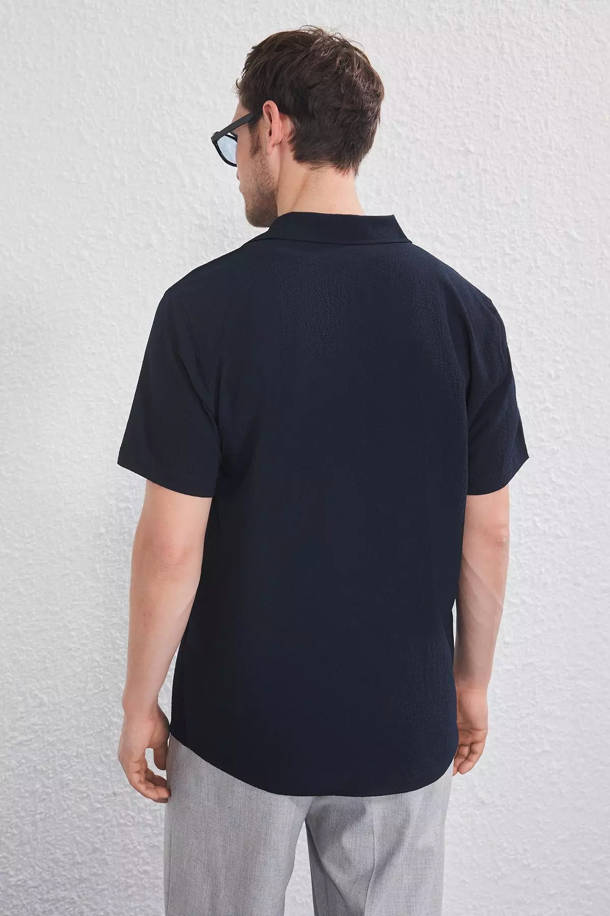 Navy Blue Regular Fit Textured Loose Casual Men's Shirt TMNSS25GO00076