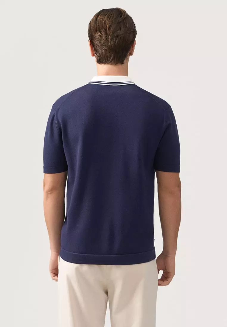 Regular Fit V-Placket Polo Shirt With Contrast Collar & Tipping In Textured Knit