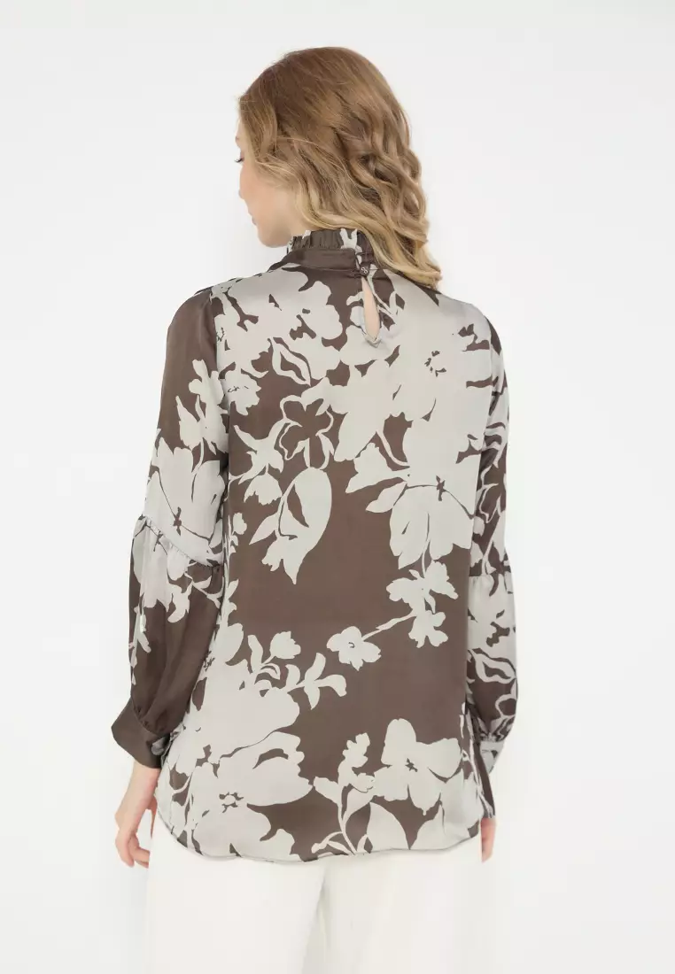 Ruffle Floral Blouse Satin in Brown By Brilliant Girl Warna COKLAT