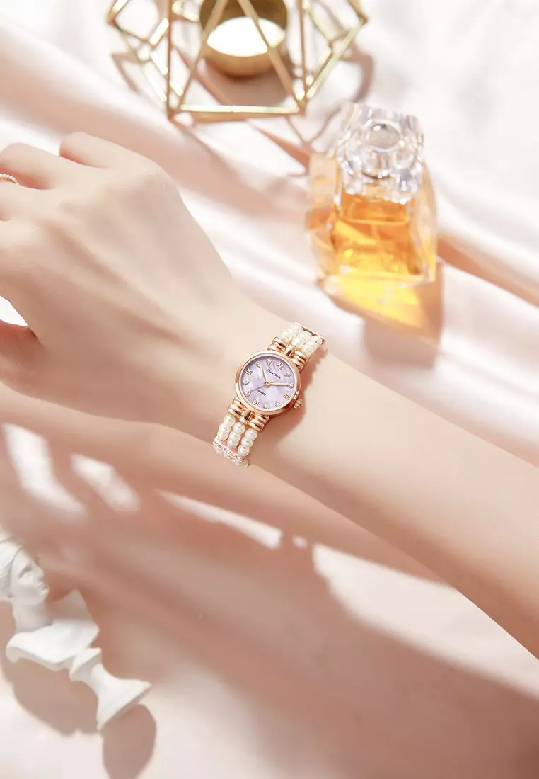 Jam Tangan Wanita Gelang Anti Air Original Fashion Korea Tali Mutiara Jam Tangan Cewek rose purple