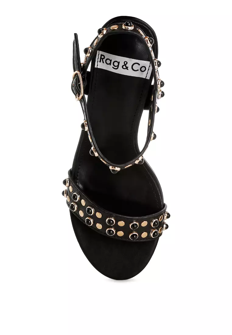 Studded Real Leather Kitten Heel Sandals In Black