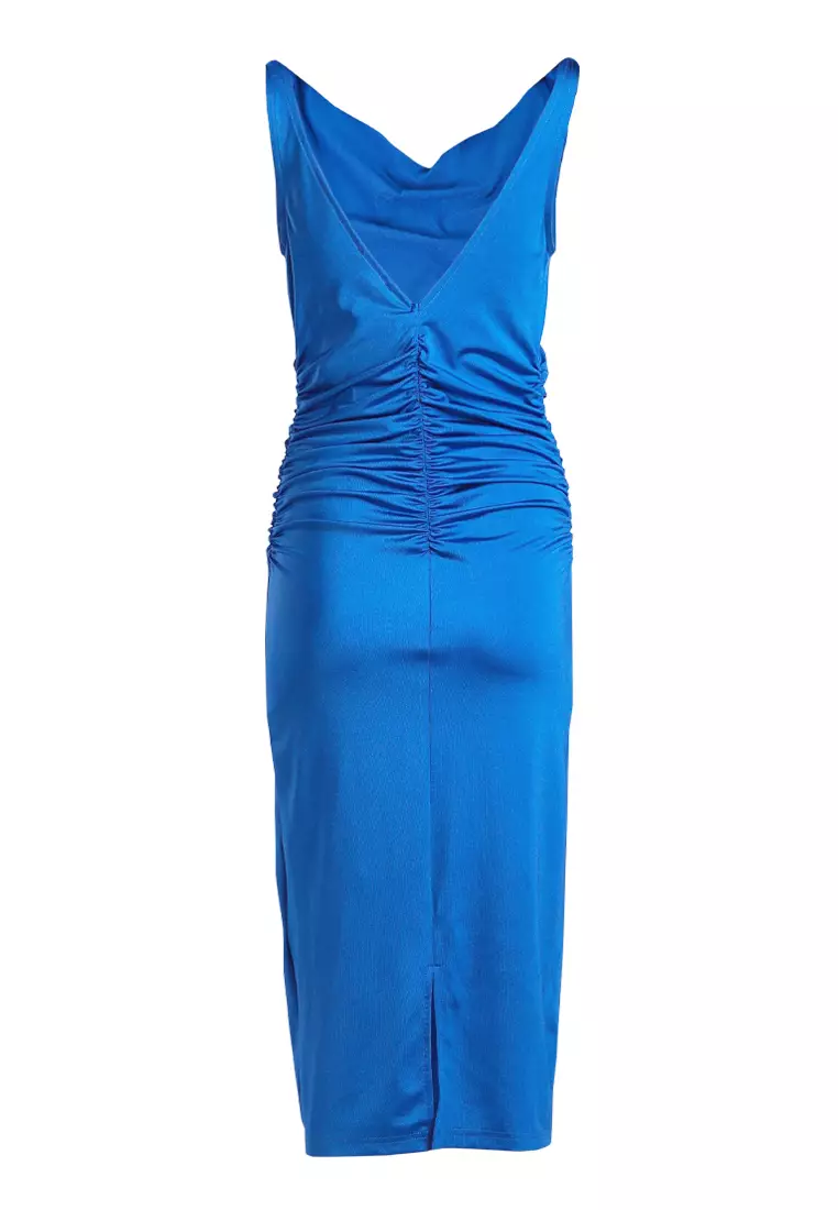 Royal Blue Sleeveless Draped Knee Length Dress