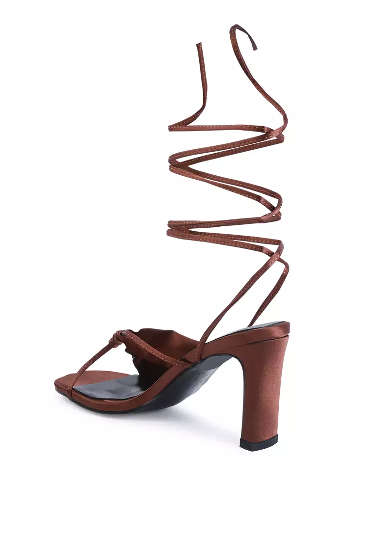 Tan Ruched Satin Tie Up Block Heeled Sandals