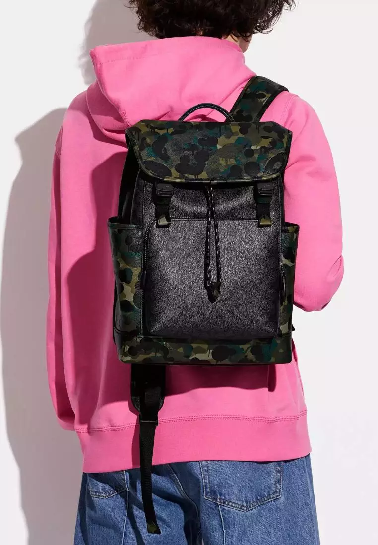 Coach League Flap Backpack In Signature Canvas With Camo Print Charcoal Multi
