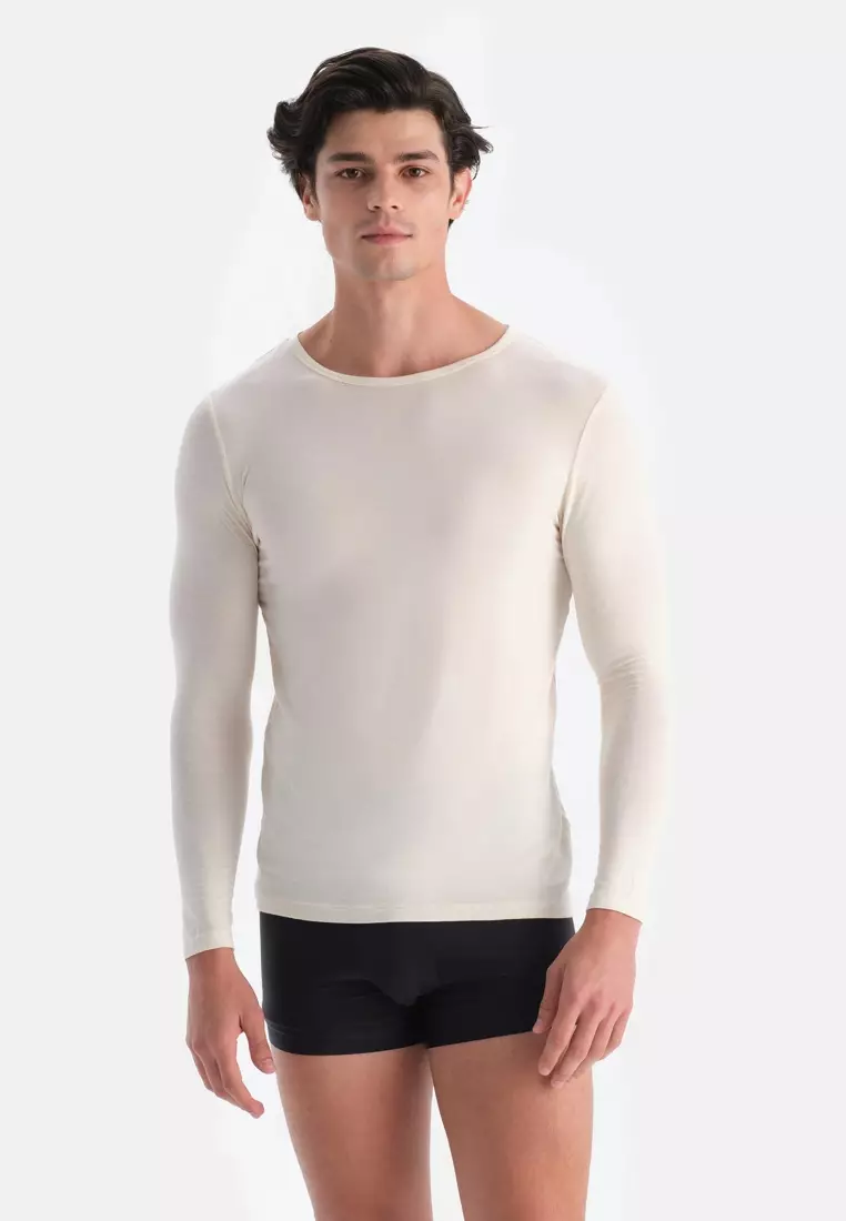 Ecru Basic Undershirt, Crew Neck, Regular Fit, Long Sleeve Underwear for Men