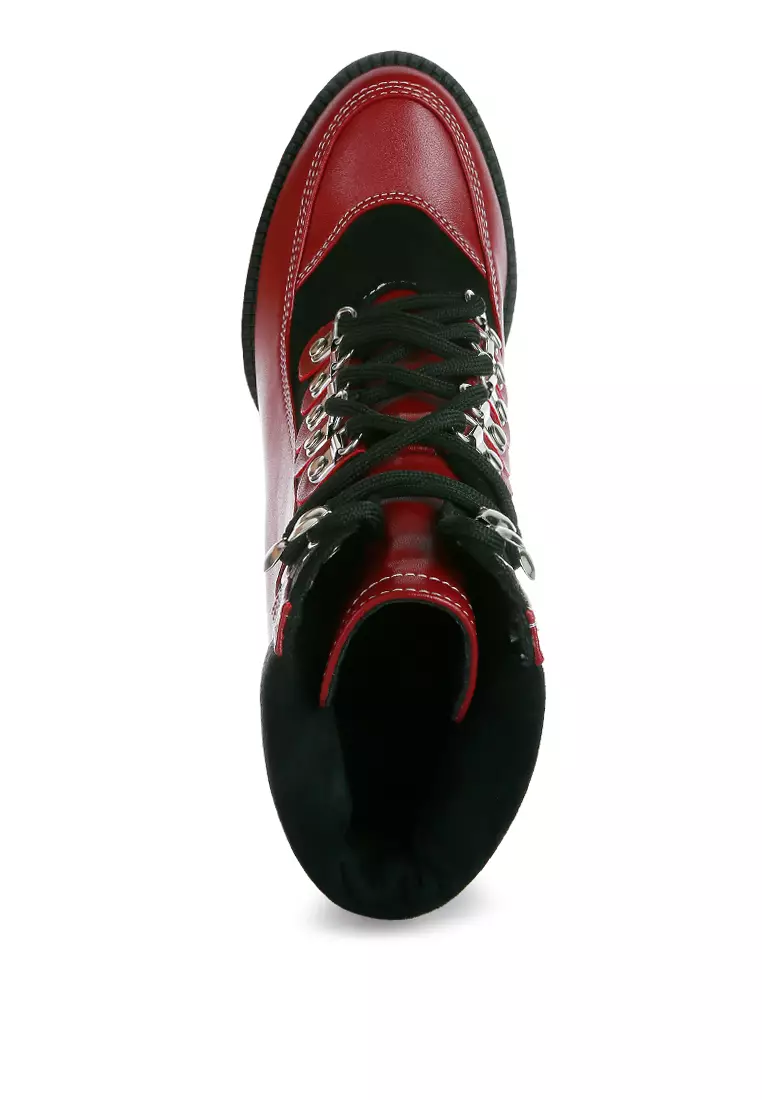 High Heel Lace-Up Biker Boot in Burgundy black