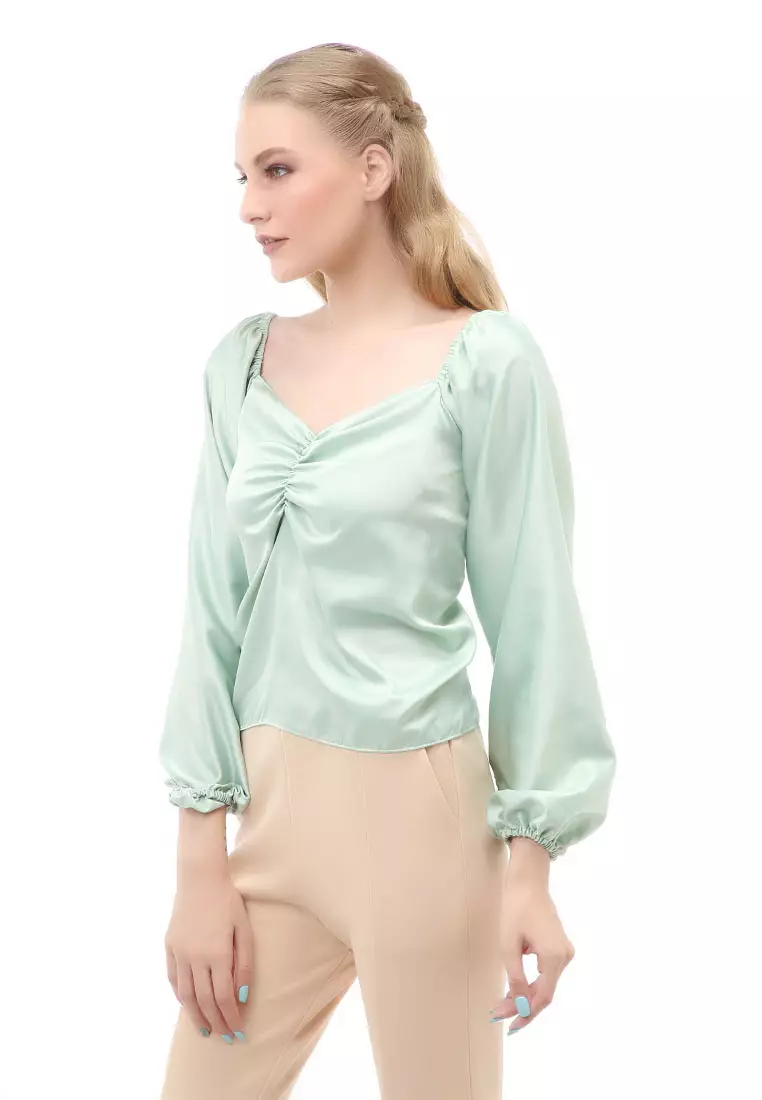 Cheva Blouse Casual Wanita Sabrina Kerut Dada Lengan Panjang Material Satin ORIGINAL - Tosca