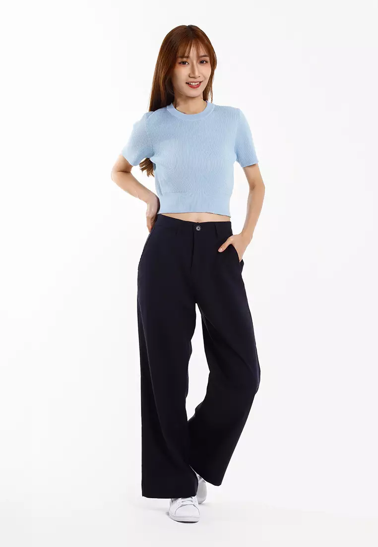 Forest Ladies Cotton Linen Blend Elastic Waisted Wide Leg Pants Women Long Pants - 810547-30DkBlue