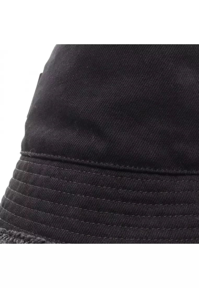 Pre-Loved LOEWE FRAYED BUCKET HAT Leather logo patch hat denim black