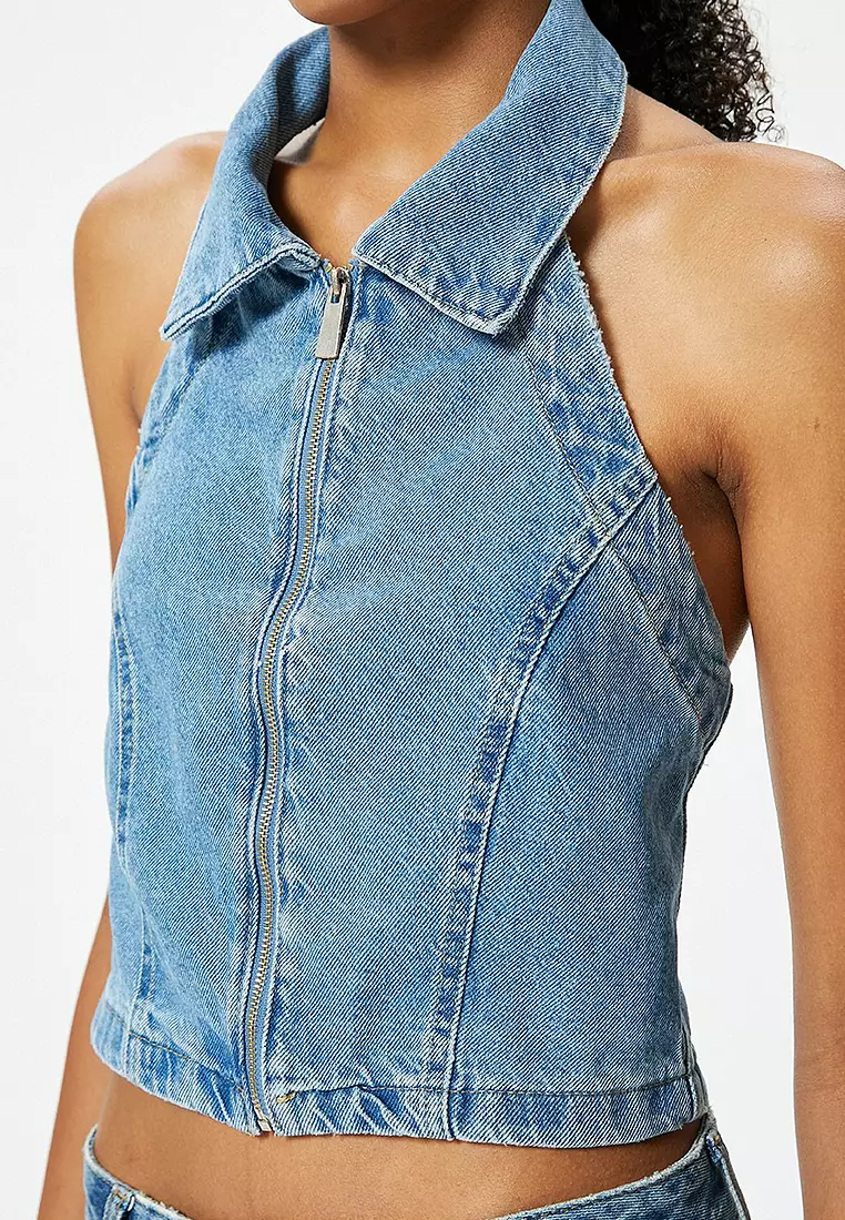 Halter Neck Denim Crop Top Zippered Backless Slim Fit