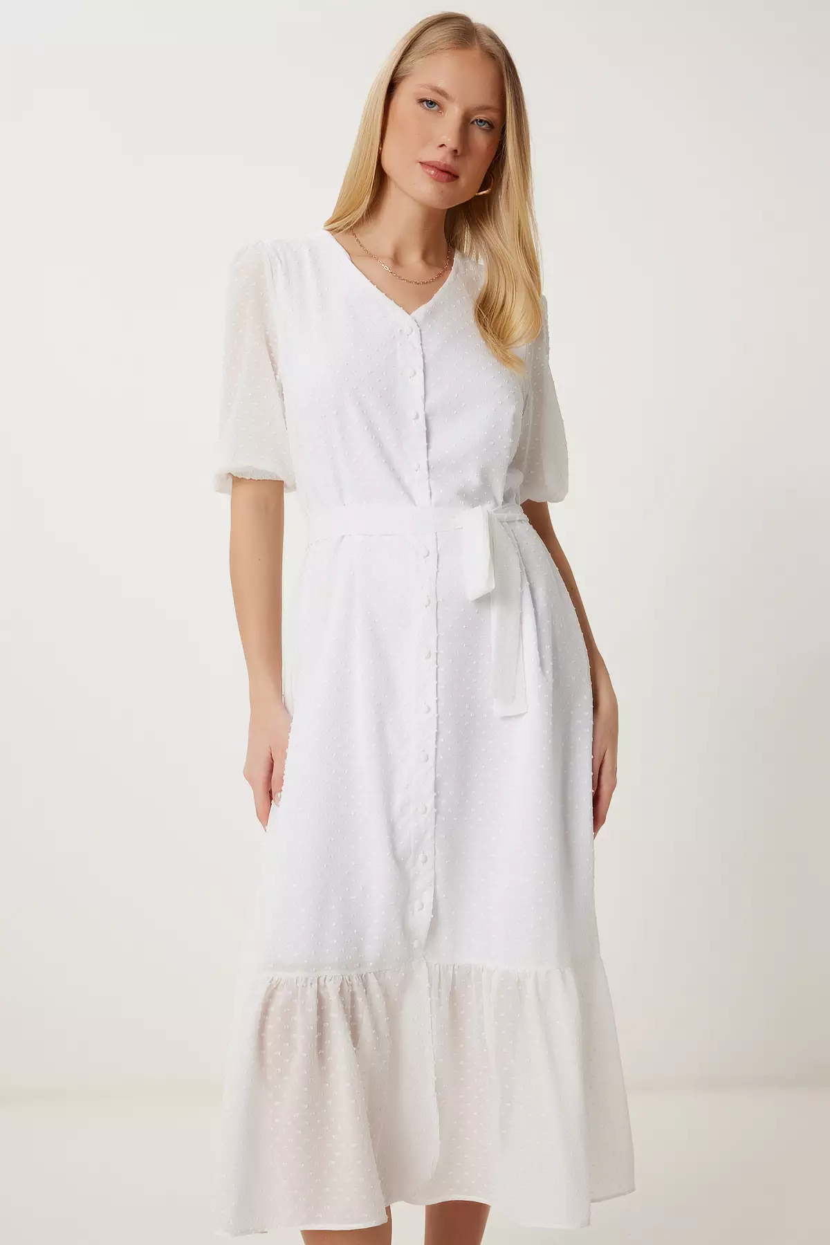 Women's White Polka Dot Textured Midi Woven Dress Nt00439