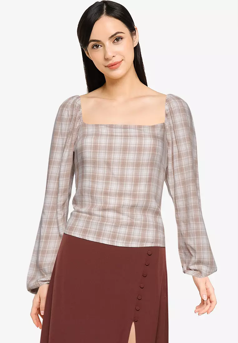 Abercrombie Fitch Long Puff Sleeves Plaid Top 2023 Buy