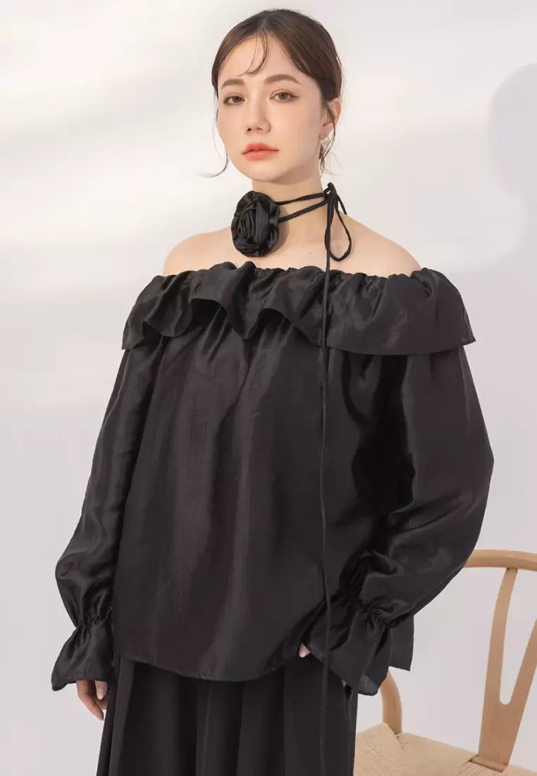 Off-Shoulder Ruffled Shimmer Top With Bateau Neckline and Rose Tie