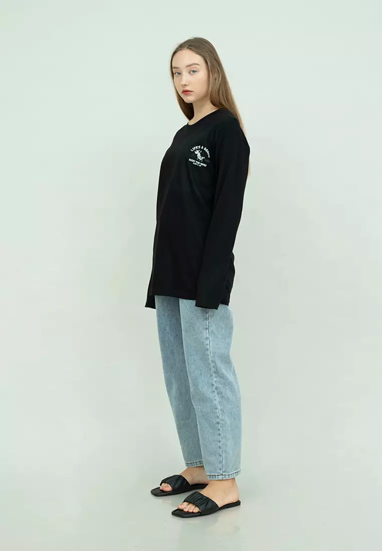 Kaos cotton combed lengan panjang wanita hitam houseofcuff lifes beach