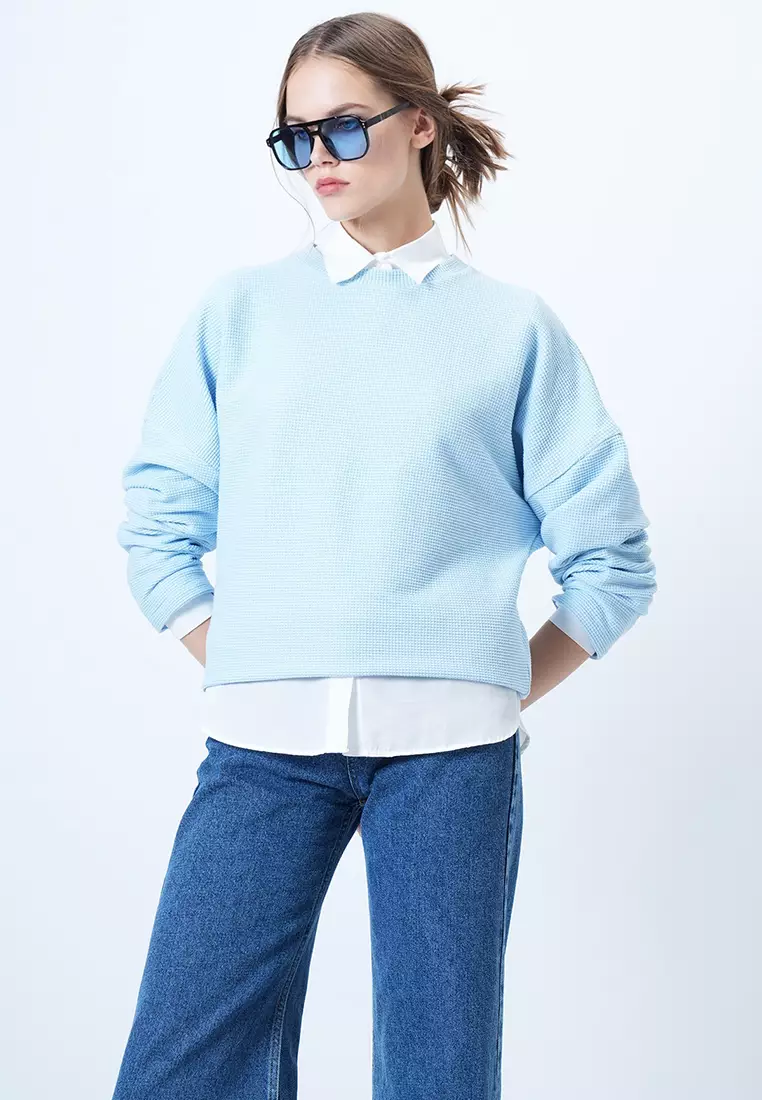 Blue Crew Neck Bat Sleeve Wide Cut Basic Blouse Alc-X14391