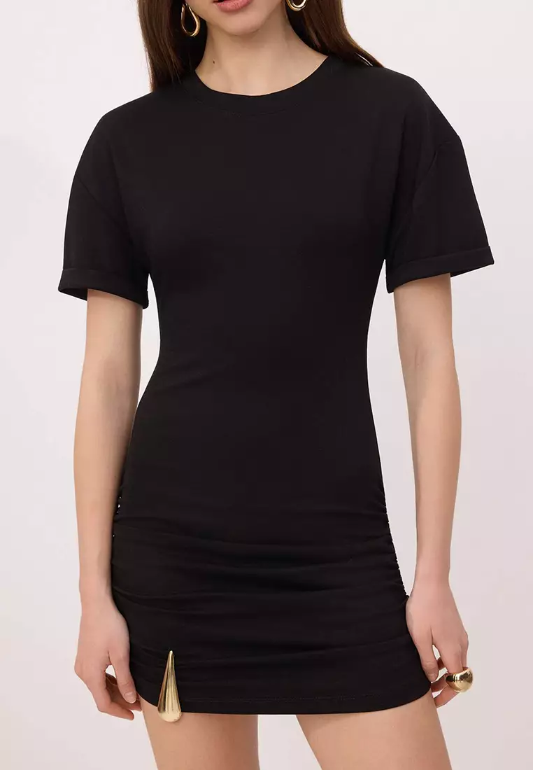 Black Bodycon Short Sleeve Accessory Detail Mini Soft Touch Knitted Dress Twoss26El561