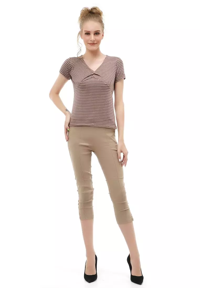 Genevie Blouse Kasual Wanita Lengan Pendek Model Salur Variasi Kerut Tengah Material Cotton ORIGINAL - Brown