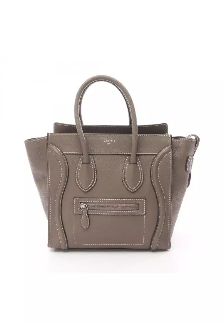 Pre-Loved Celine luggage micro shopper Handbag tote bag leather Gray brown