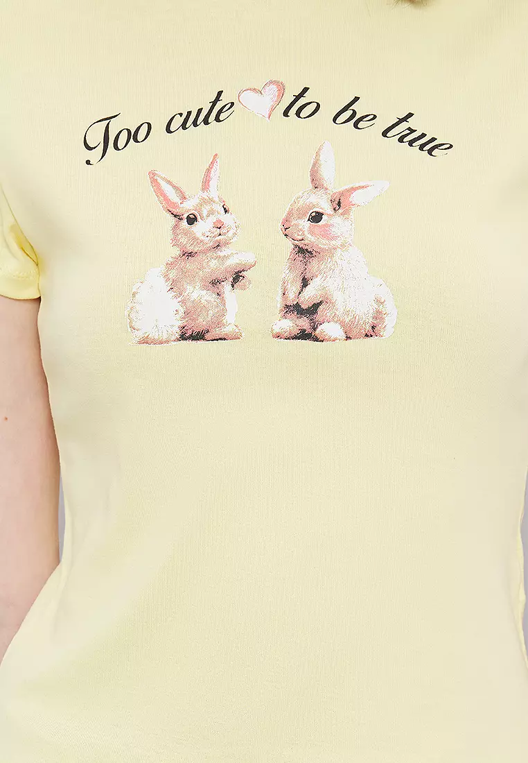 Light Yellow Rabbit Printed Fitted Knitted T-Shirt