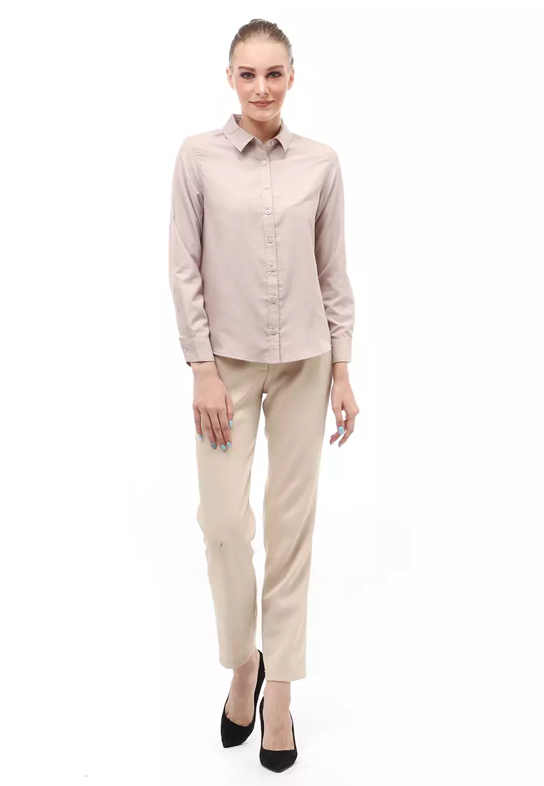 Kemeja Long Sleeves Atasan Wanita Motif Solid Shirt - Khaki