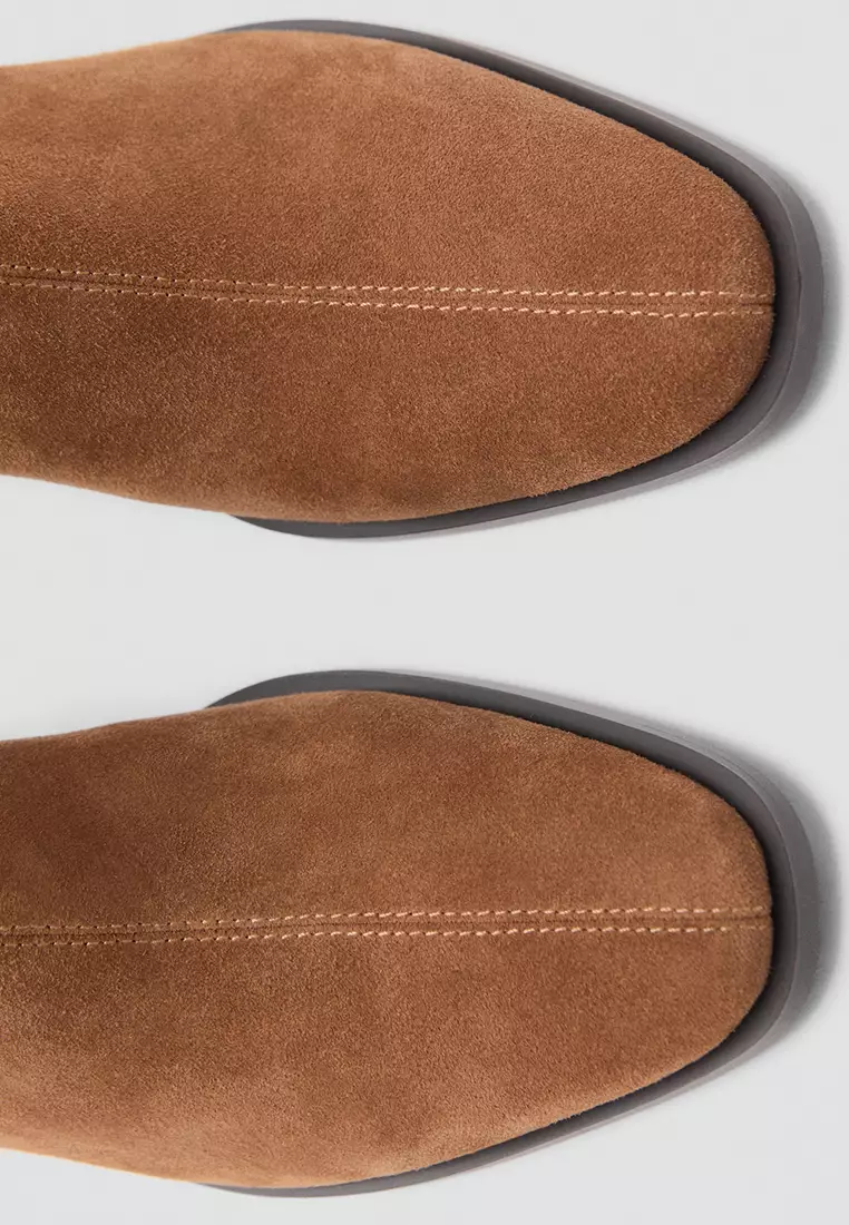 Suede Leather Ankle Boots With Block Heel