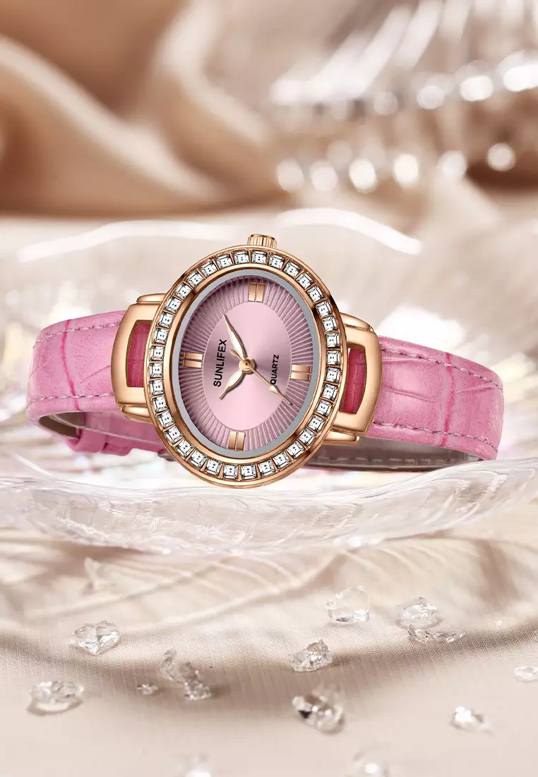 Jam Tangan Wanita Original Korea Kuarsa Antik Tali Kulit Kasual Oval Jam Tangan Cewek E052 pink