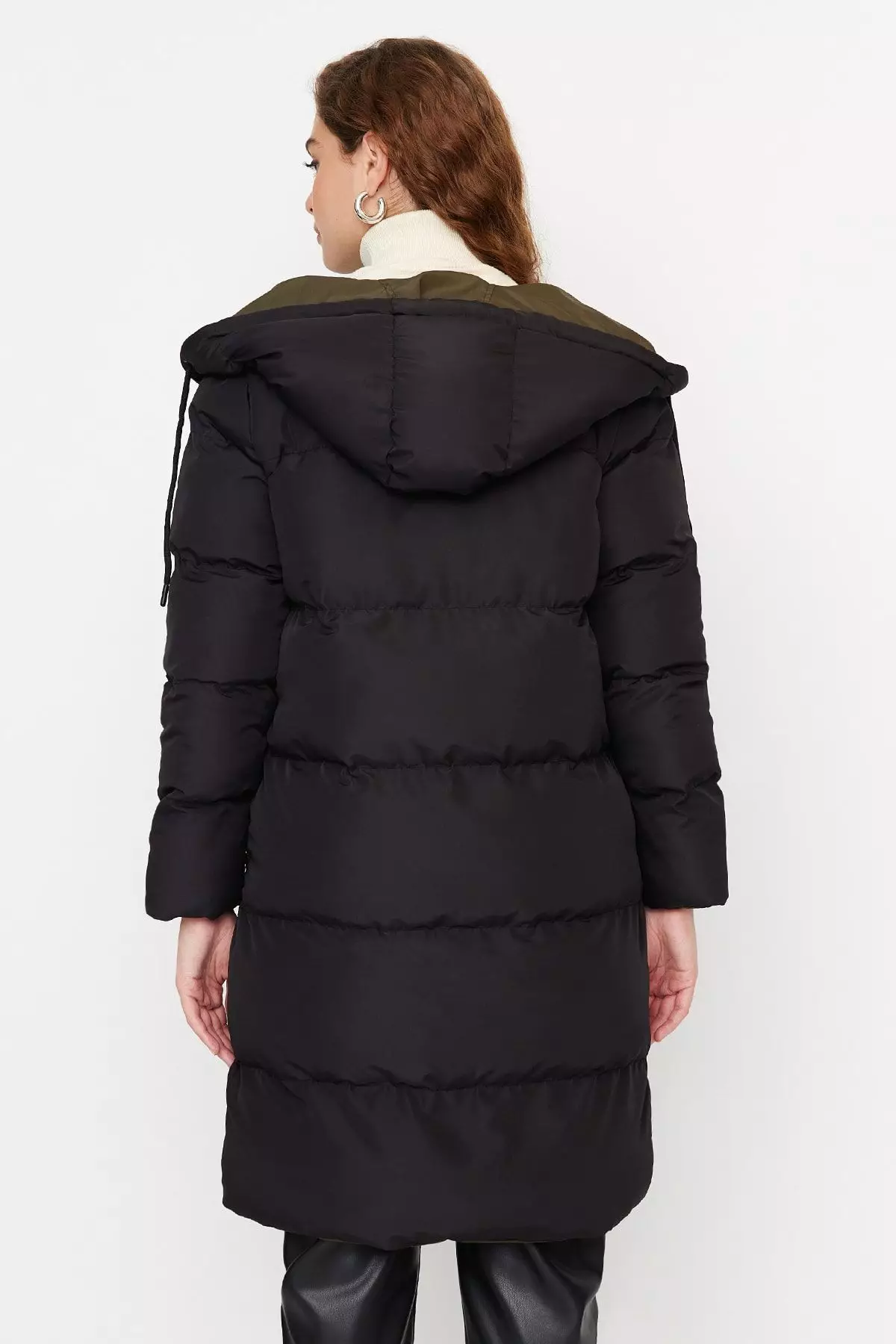 Black-Khaki Double Sided Hooded Water Repellent Long Puffer Jacket TWOAW23MO00052