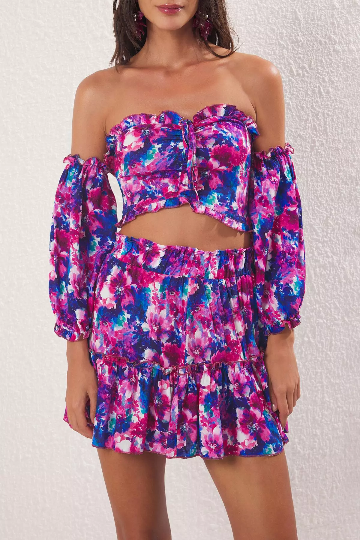 Flower Patterned Woven Frilly Beach Blouse Skirt Suit Tbess21Au0539