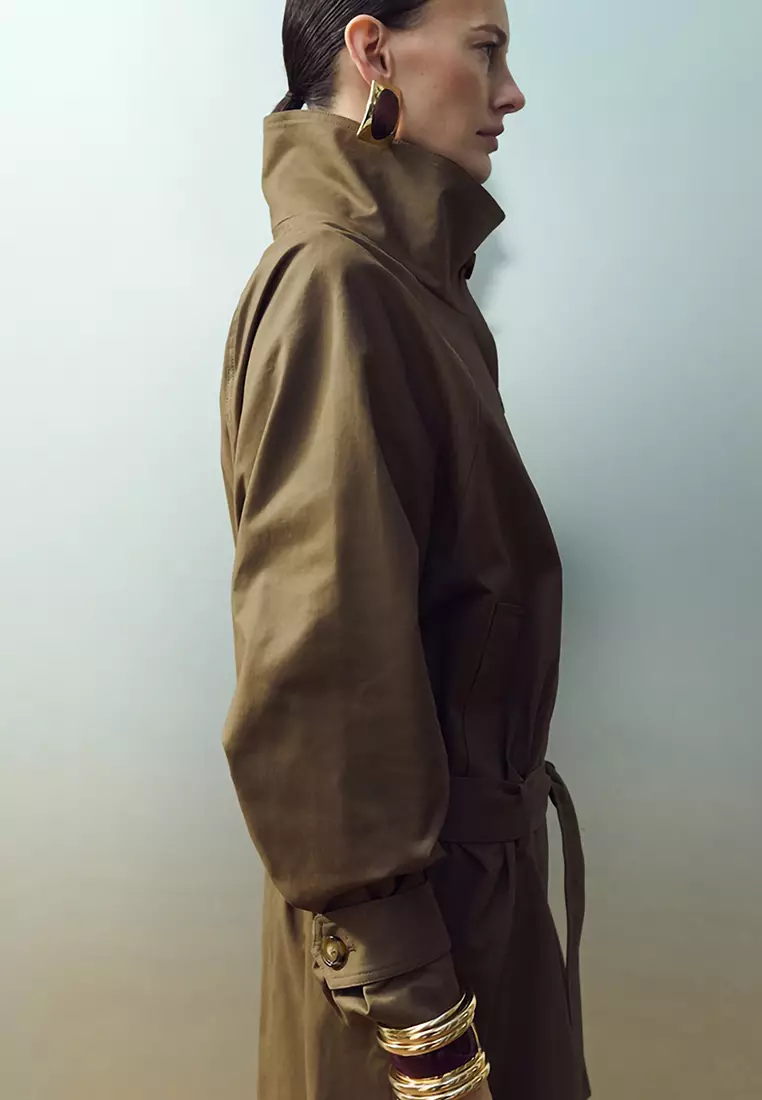 Funnel Neck Belted Trench Coat