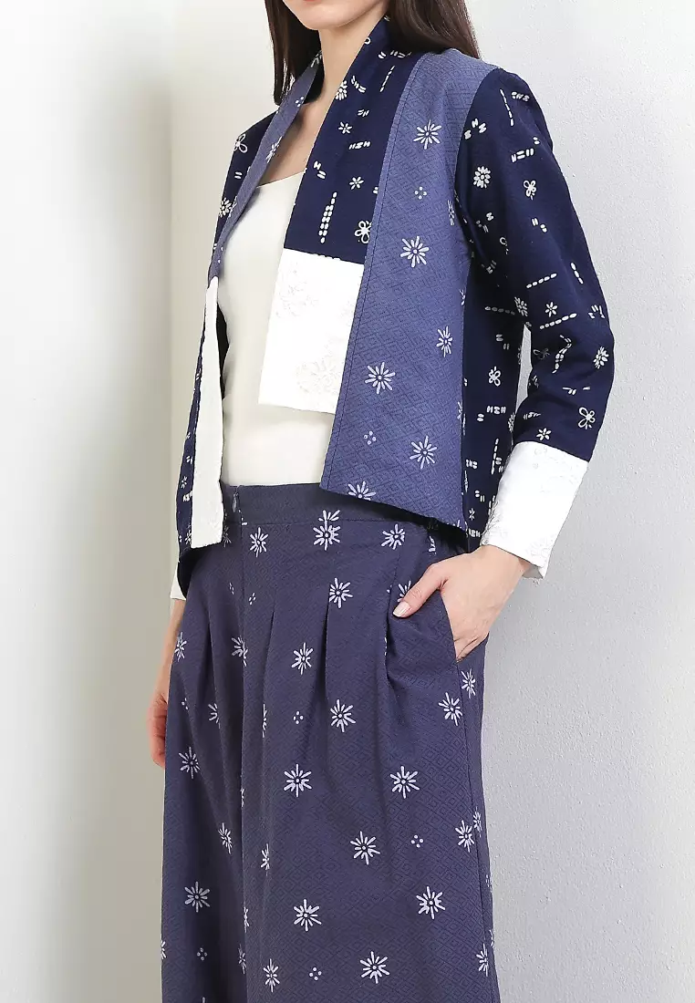 Setelan Outer Vest Cardigan Muslim Batik Cap Dobby Atasan Wanita dan Bawahan Celana Kulot Spesial JFW Collection Binar Elea Navy