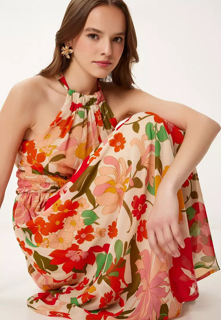 Women's Orange Pink Patterned Flounced Midi Chiffon Dress Fg00029