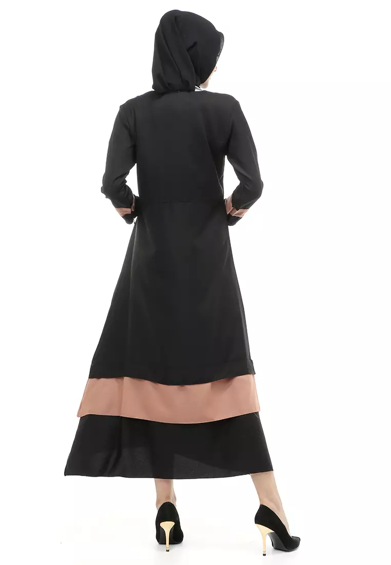 Aurel Dress Maxi Muslimah Wanita Polos Dual Tone Color Regular Fit - Black Mocca