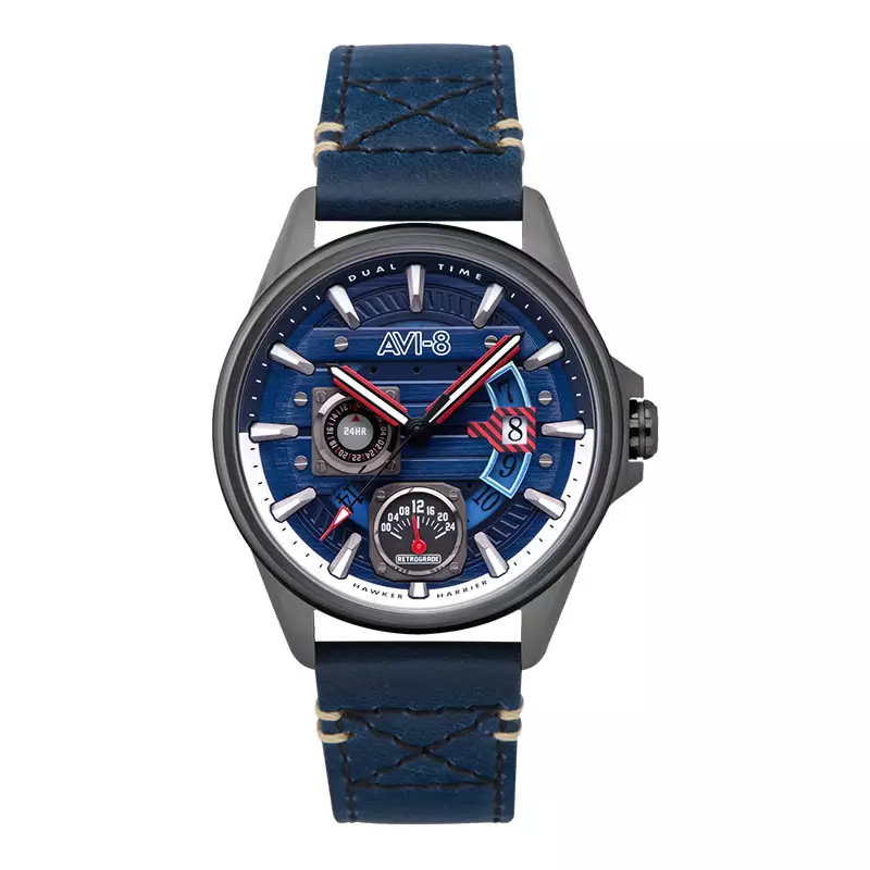 Jam Tangan Pria AVI 8 Hawker Harrier AV 4098 03 Farley Multifunction Regiment Blue Dial Blue Leather Strap