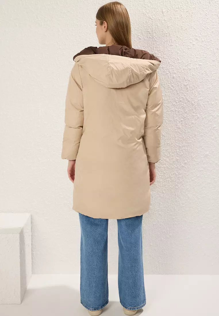 Dark Brown Ecru Double Sided Regular Fit Hooded Water Repellent Long Down Coat