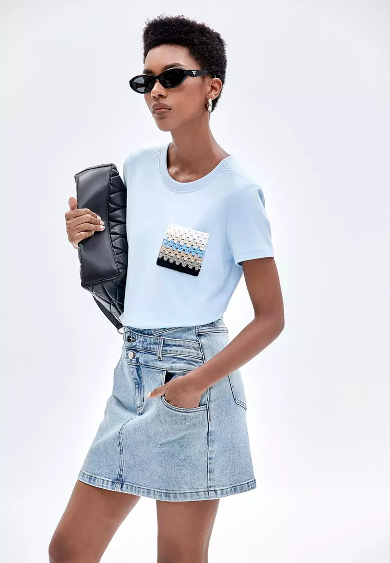 Double Waistband Denim Skirt