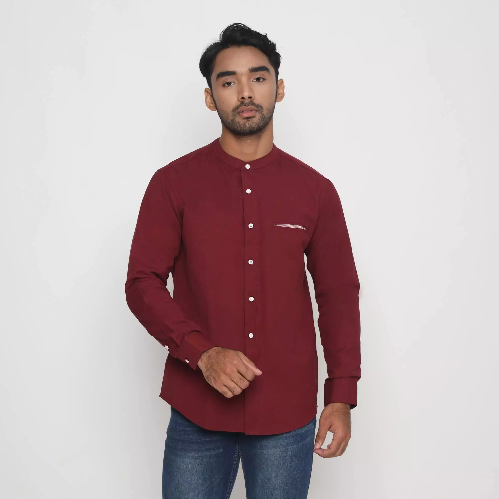 Platini Kemeja Pria Koko Shanghai Lengan Panjang Katun Linen Maroon 22017