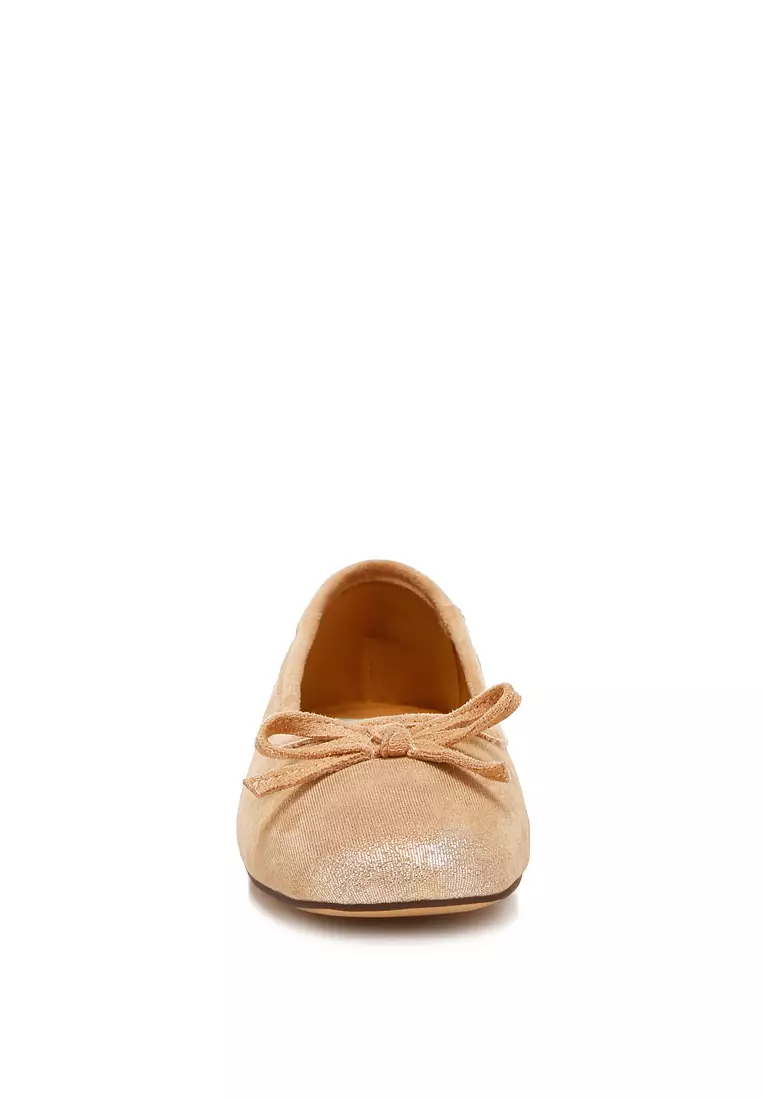 Beige Suede Bow Embellished Ballerinas