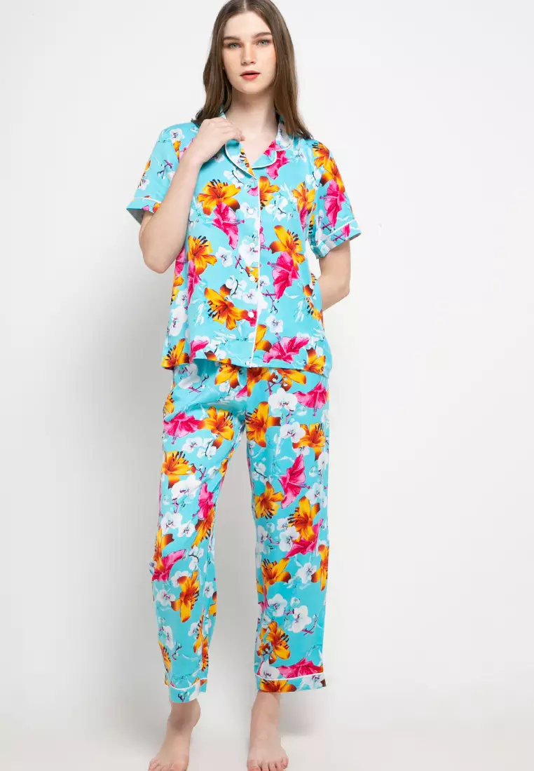 Pyjama Baju Tidur Set  Short  Sleeve  Long Pants Satin Sleepwear