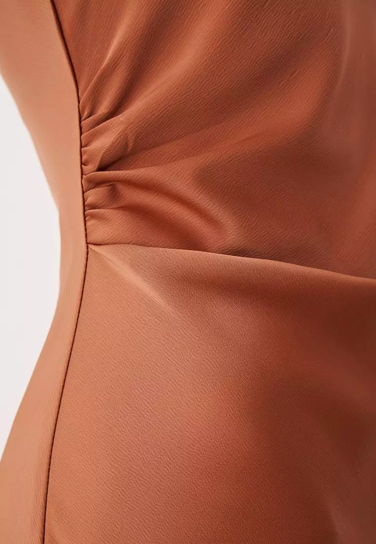 Brown Body Fitting Satin Maxi Evening Dress